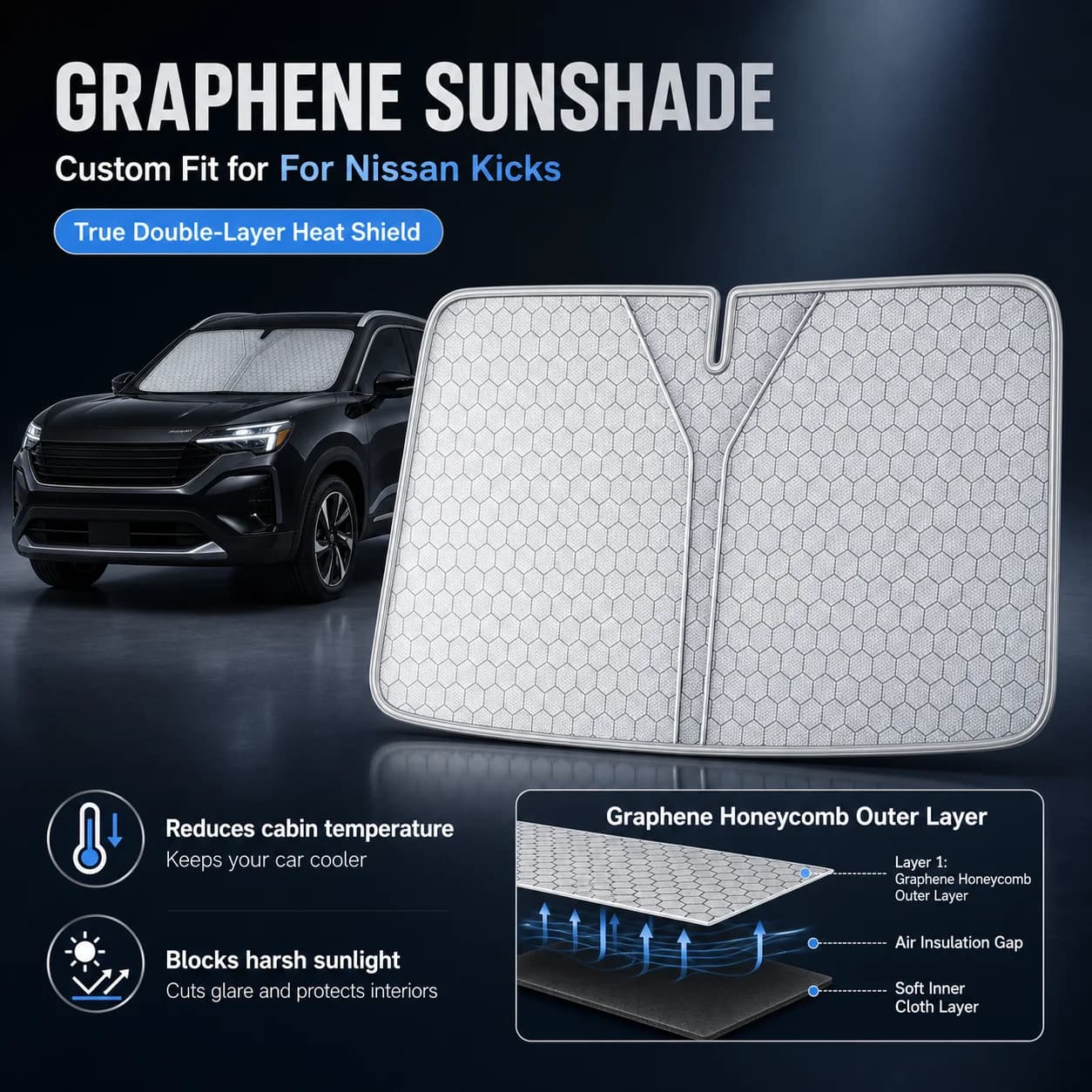 For Nissan Kicks Graphene Windshield Sunshade Custom Fit Car Sunshade UV Sun Protection Car Interior Accessories