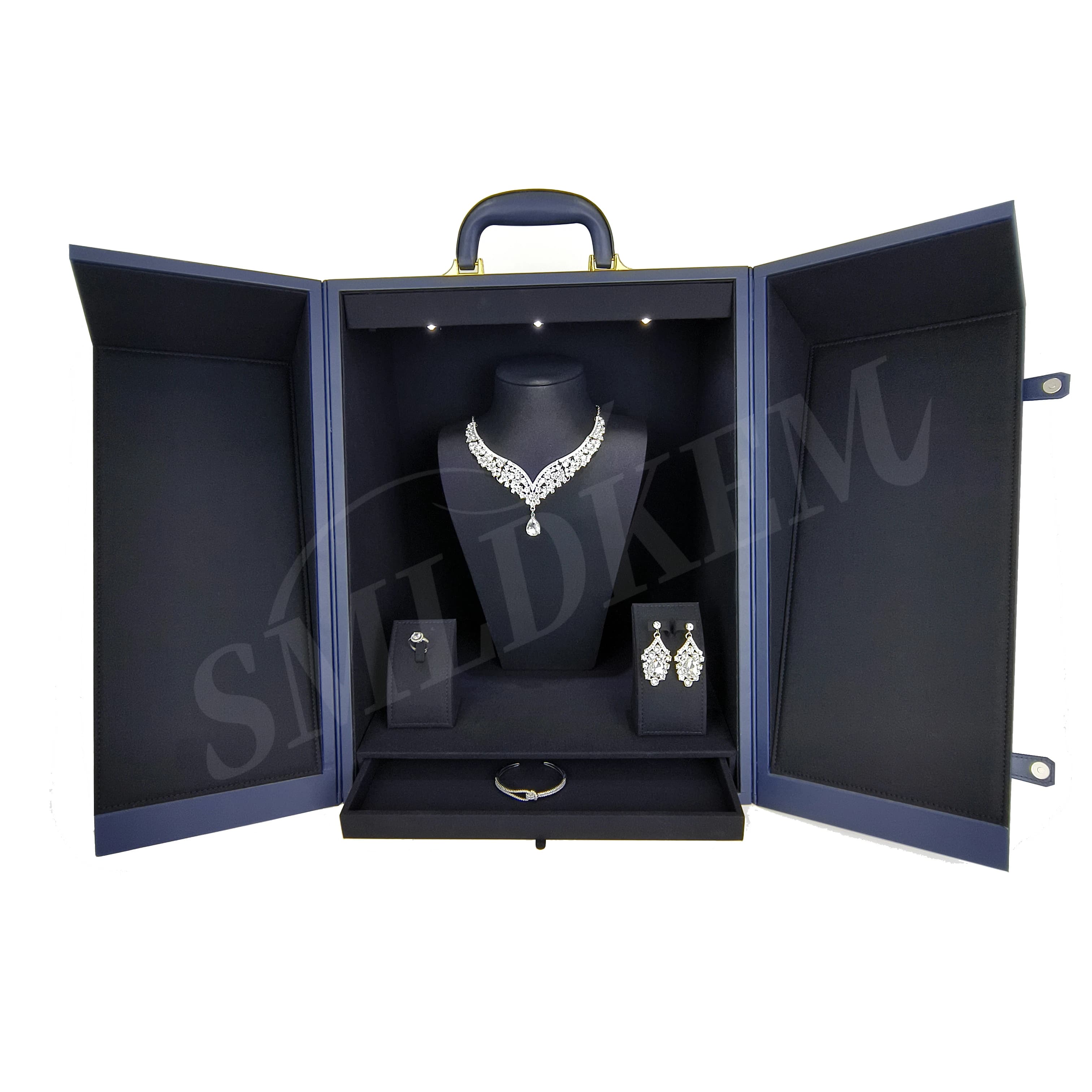 Luxury Jewelry Display Handle Case Necklace Pendant Rack Ring Large Size Double Door Leather Jewelry Display Box