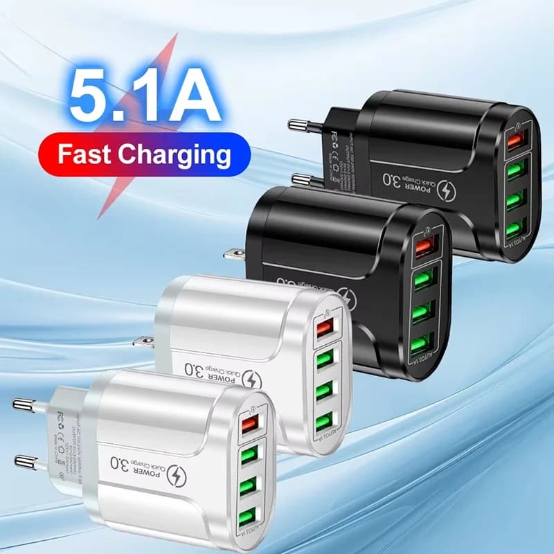 Caricatore USB rapido da 48W con spina europea/americana, 4 porte, caricatore rapido USB per cellulari, adattatore da viaggio per iPhone e Xiaomi