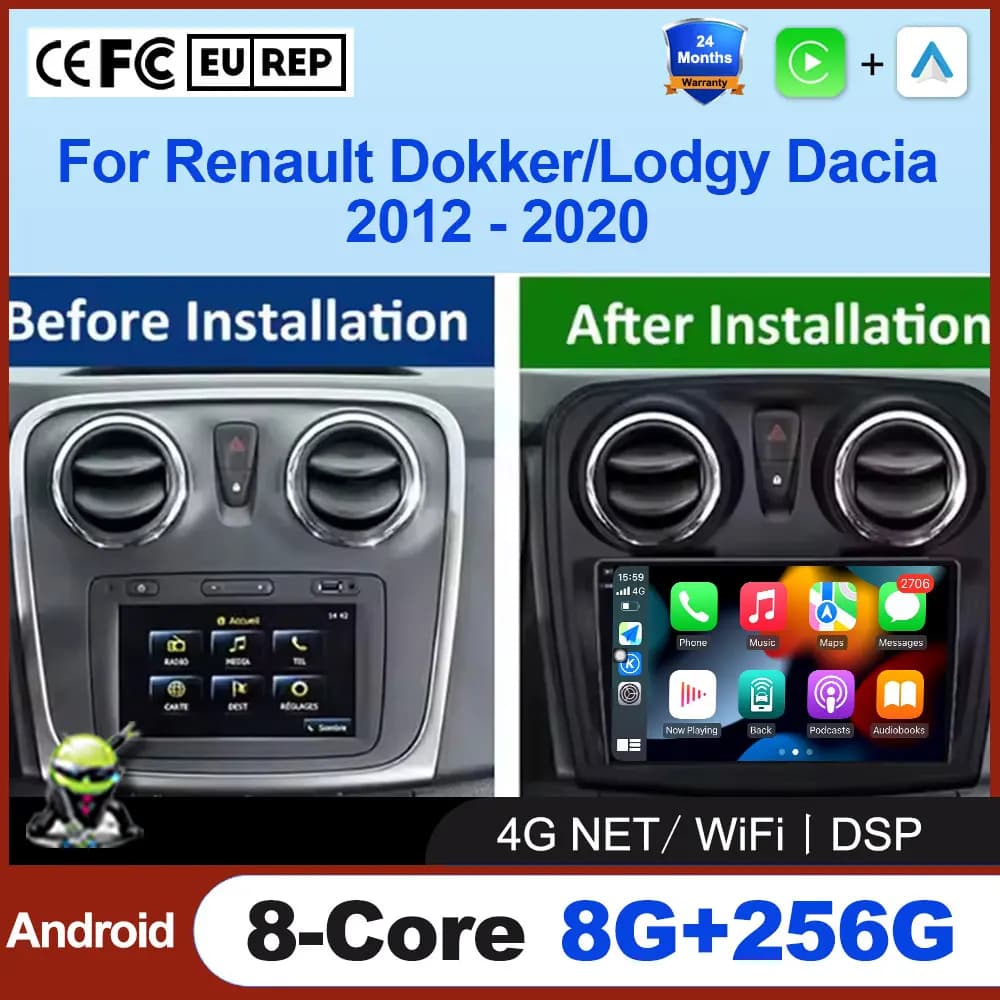 Autoradio Multimediale per Renault Lodgy Dacia Dokker 2012-2020, Android Auto Wireless, Carplay, 4G + WIFI, BT, DSP, Stereo, GPS, Navigazione