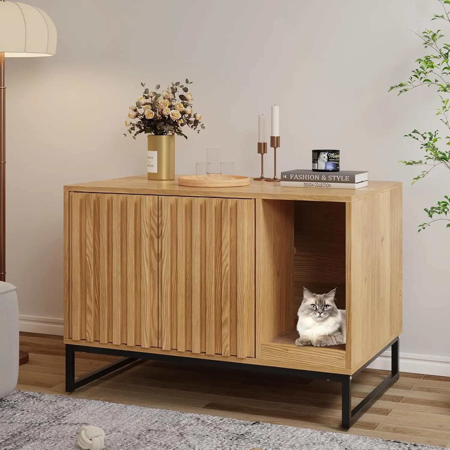 Hidden Modern Cat Litter Box Enclosure Furniture Scratch Pad Cat Washroom House End Table Entryway Bench Livingroom Natural