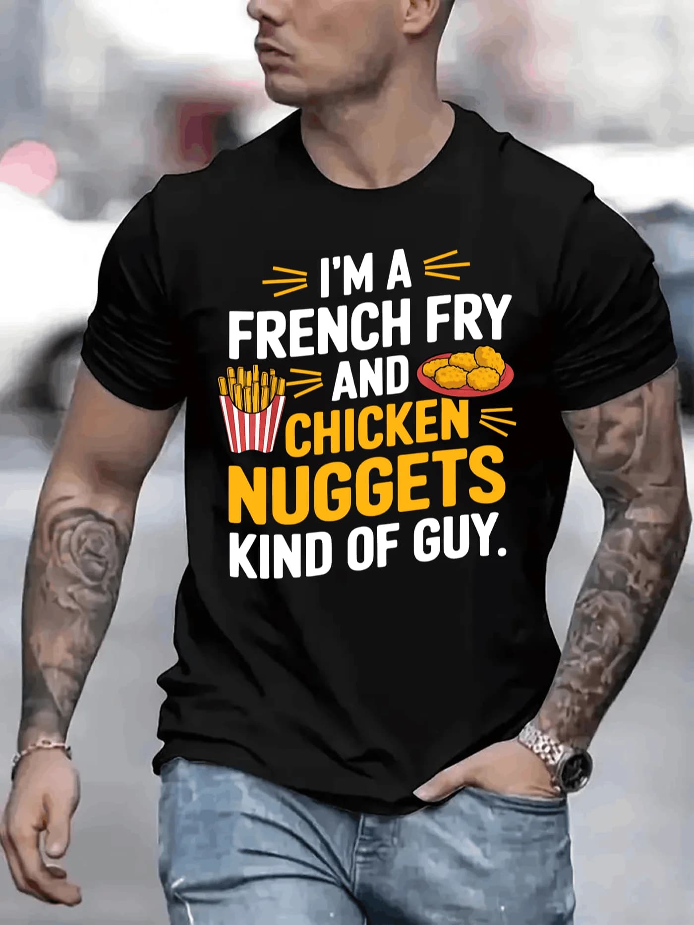 I am a lover of fries and chicken meatballs, a printed shirt with motifs, a casual short sleeve shirt, 100% heavy cotton.