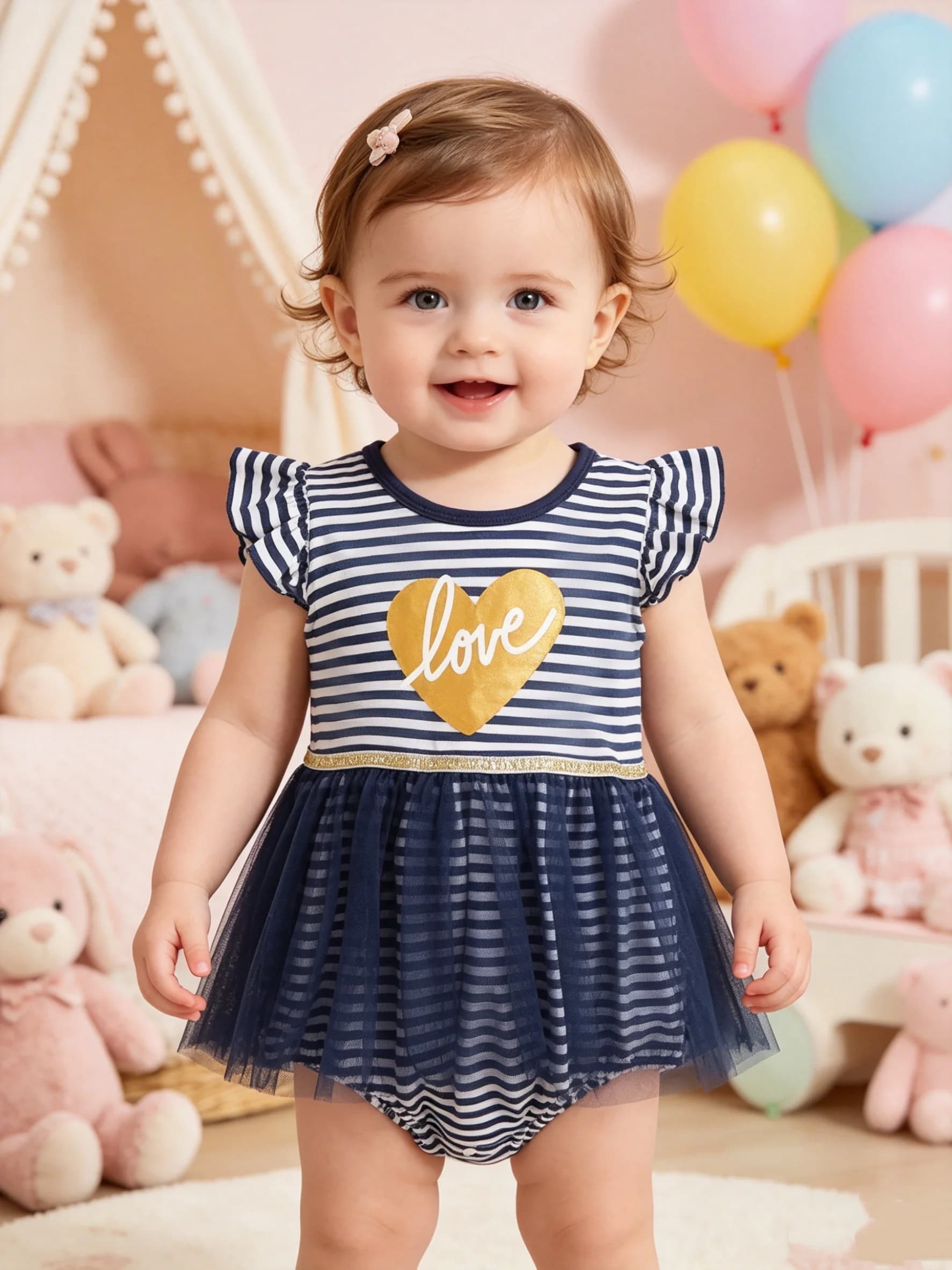 Baby Girl Summer Romper Striped Heart Print Mesh Sleeve Onesie Breathable Cotton Wrap Skirt for Toddlers And Infants