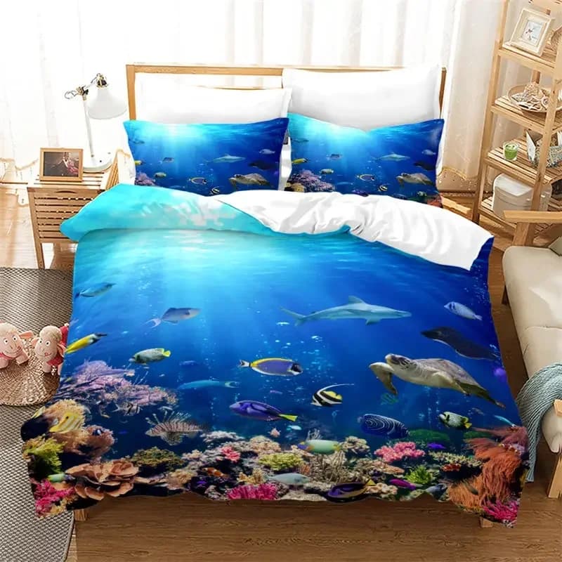 Cartoon Ocean Fish Marine Theme Comfortable Duvet Quilt Cover Pillowcase Bedding Set Children Bedroom Decoration Home Textile