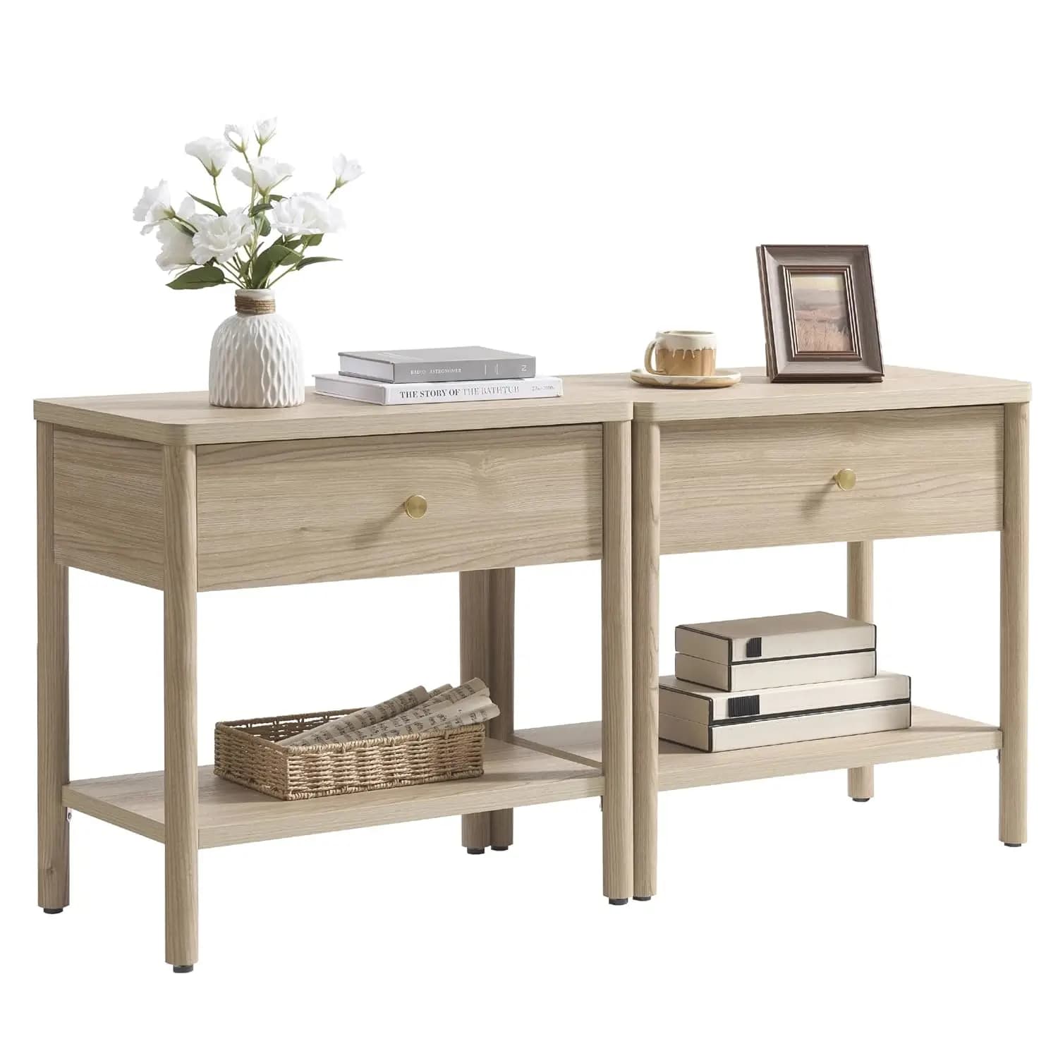 Comodino con cassetto, set di 2 comodini in noce chiaro, tavolino grande da camera da letto con gambe in legno massello, personalizzabile
