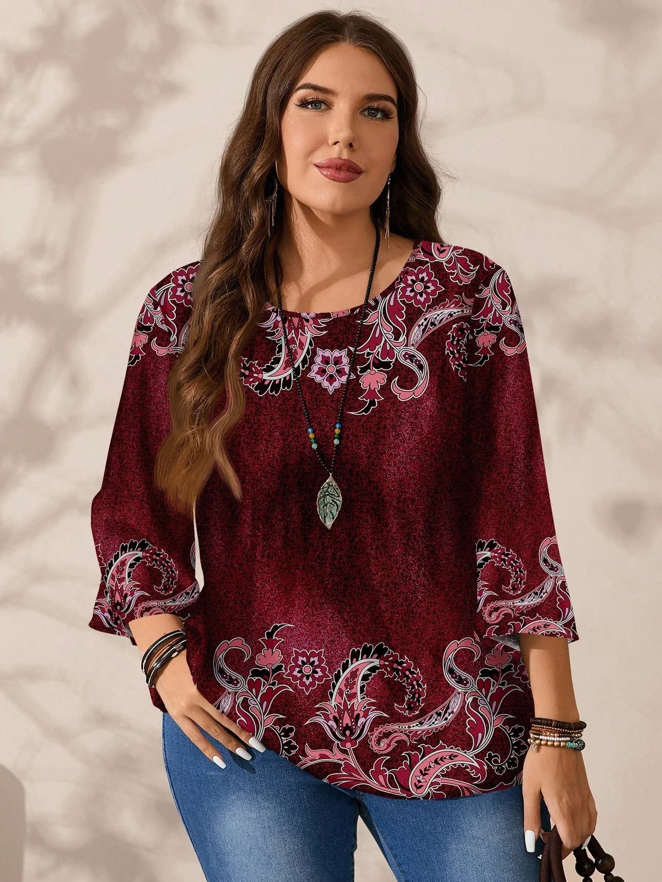Loose Fit Women's Casual Paisley Print Round Neck 3/4 Sleeve Blouse Autumn Winter