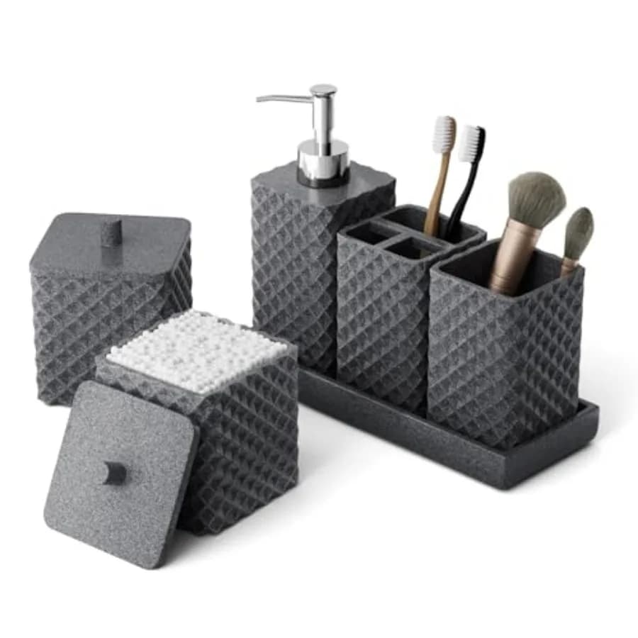 Set di Accessori per il Bagno in Resina 6 Pezzi, Set Portaspazzolini Quadrati Completo di Dispenser Sapone, Vassoio, Bicchieri e