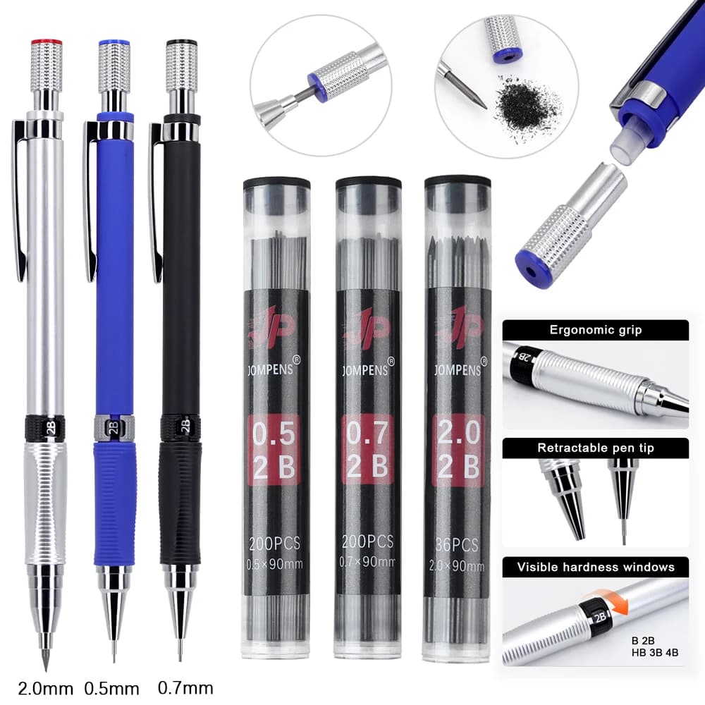Creative 0.5/0.7/2.0mm Mechanical Pencil Set with 1box Leads，Automatic Pencil Sketch Painting Office Writing Stationery Supply