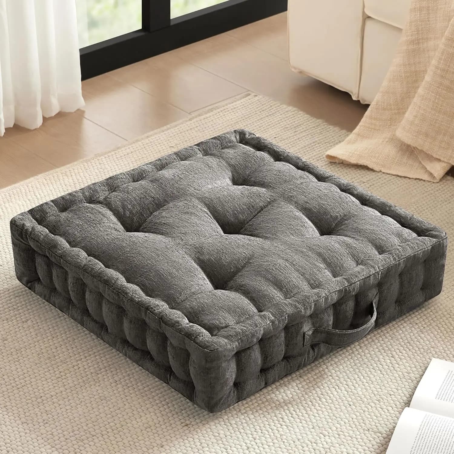 Large Floor Pillow for Adults Yoga Meditation Cushion with Handle, Tufted Chenille Scalloped Edge, 24x24x5 Inch Charcoal