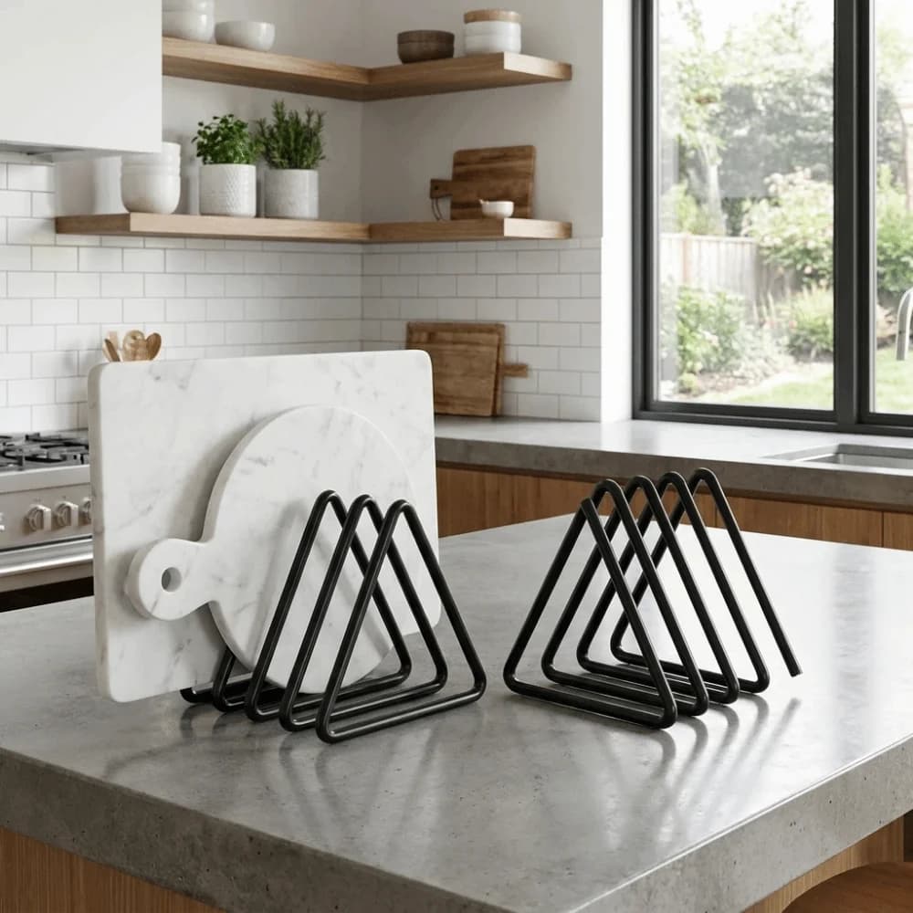 Iron Cutting Board Storage Rack Triangular 4-Slot Cutting Board Holder Rust-proof Space Saving Vertical Storage Organizer