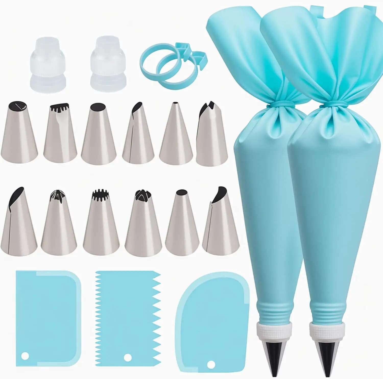 Reusable pipe set: 2 bags, 12 tips, couplers, rings and scrapers to decorate cakes, cupcakes and biscuits