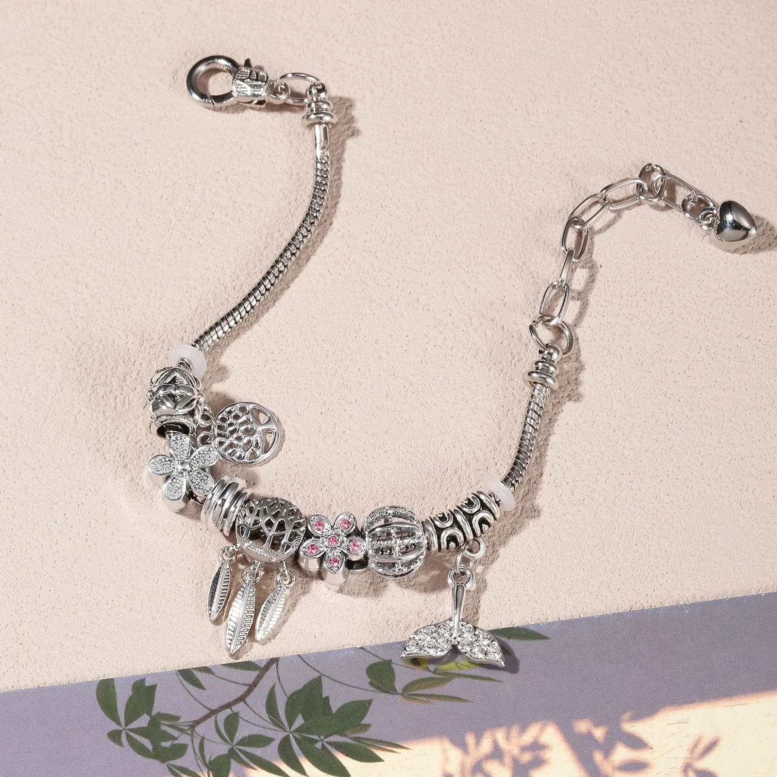 Silvery Stainless Steel Charm Bracelet with Life Tree Dreamcatcher and Mermaid Tail Pendants for Women