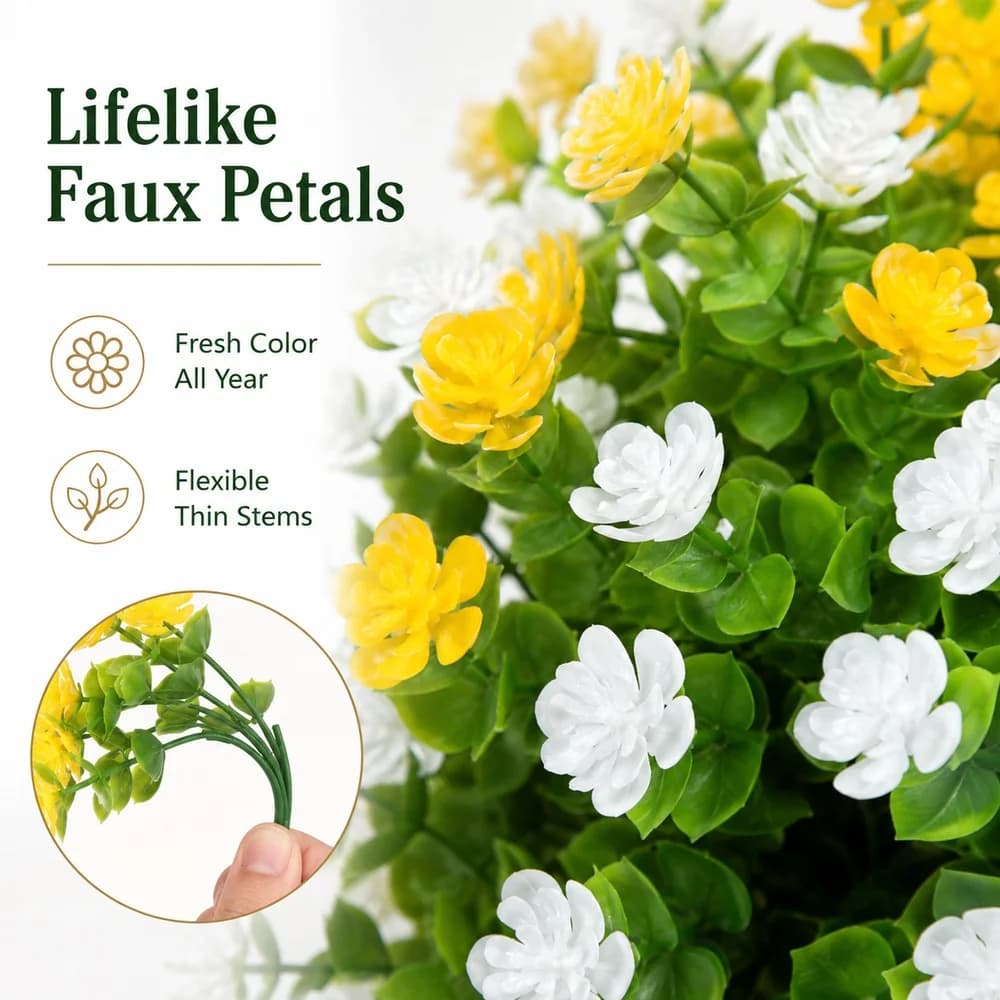 4 Bundles Artificial Plants UV Resistant Faux Bushes Plastic Flowers Home Farmhouse Wedding Outdoor Garden Porch Decor Plant