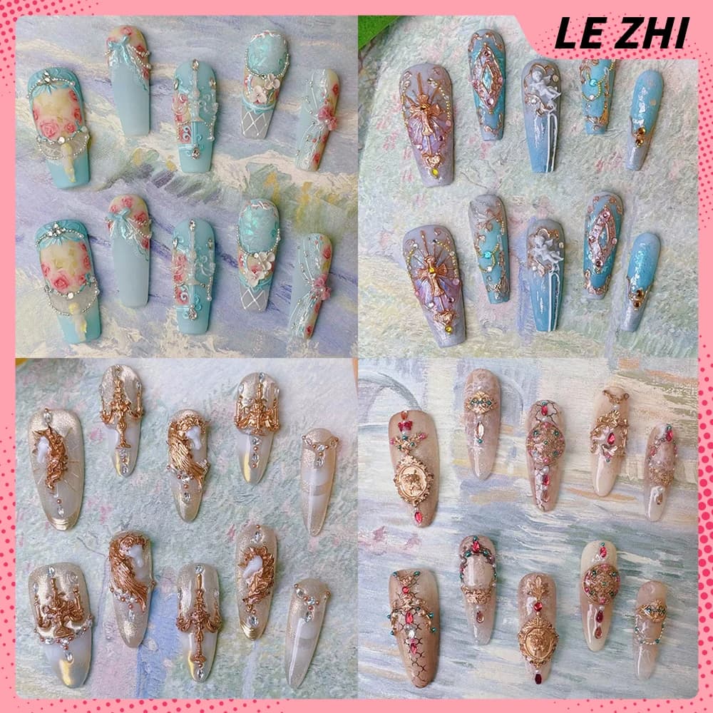 Light Luxury Flash Diamond Cat Eyes Handmade Long Coffin Stilettos Fake Nail Gold Candlestick Horse Pearl Bowknot Press On Nails