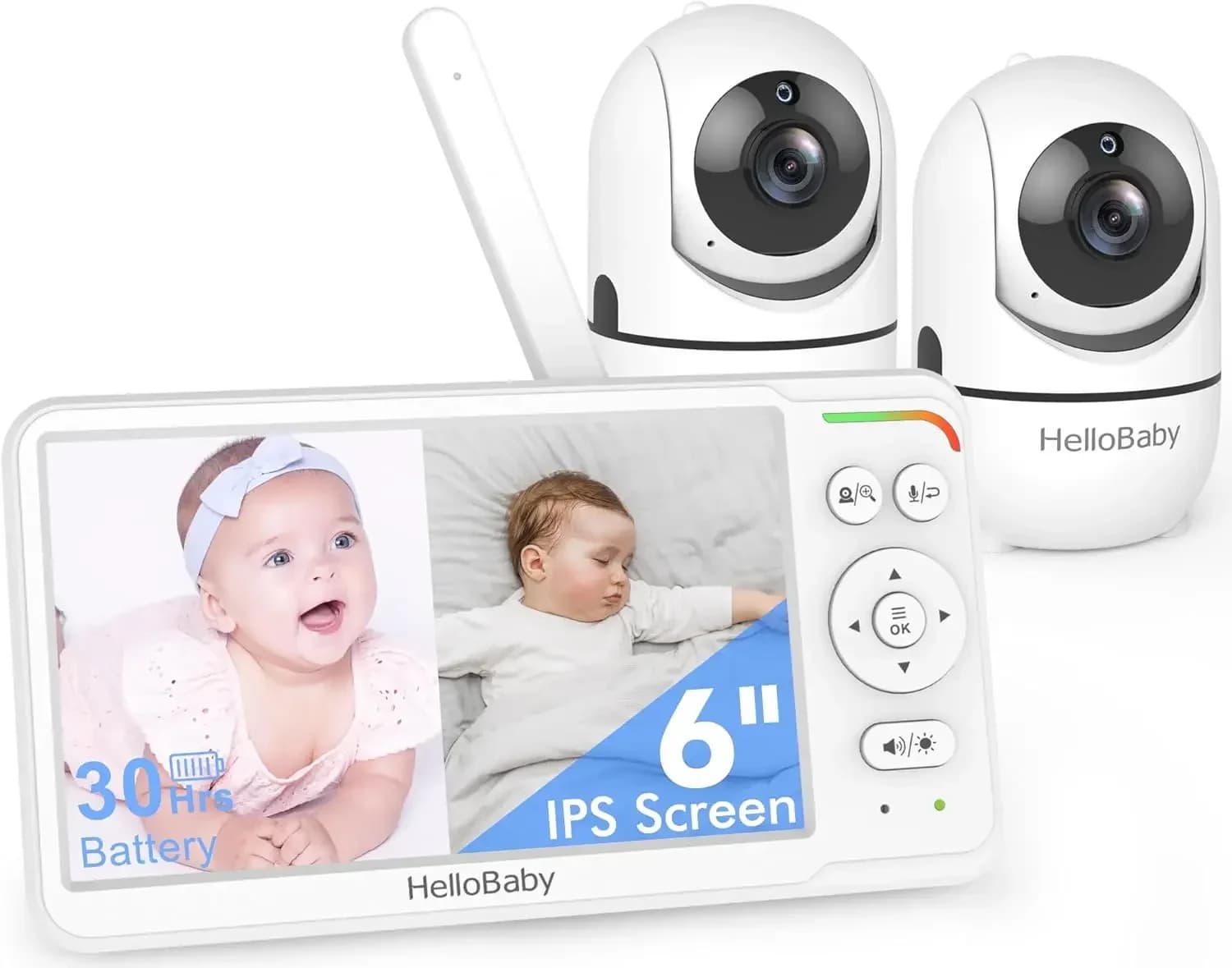 Baby Monitor con 2 Telecamere, Prima al Mondo con Schermo IPS da 6 Pollici Divisibile, Doppia Telecamera Senza WiFi, Batteria da 30 Ore, Audio Bidirezionale, Pan-Tilt-Zoom, V
