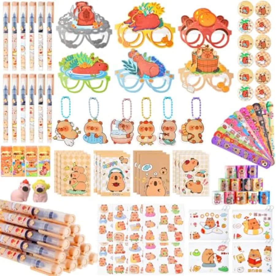 146 Pcs Capybara Party Favors Capybara Party Supplies Stationery Set with Gel Pen Pencil Case Keychain Blind Boxes Brooch Slap