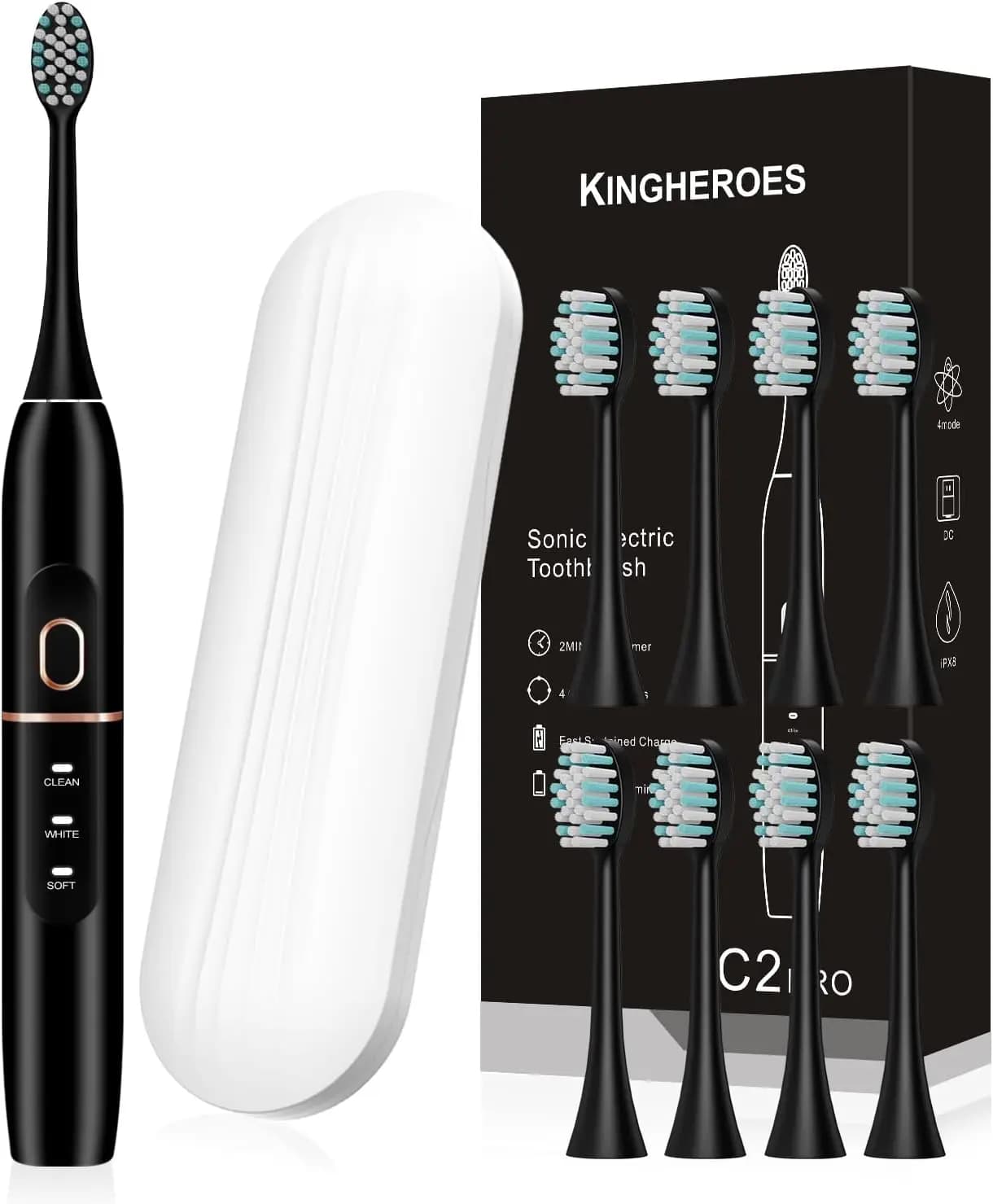 Set Spazzolino Elettrico: 8 Testine e Custodia da Viaggio, 4 Modalità, Timer Intelligente, Batteria da 60 Giorni, Motore da 42000 VPM (Nero)