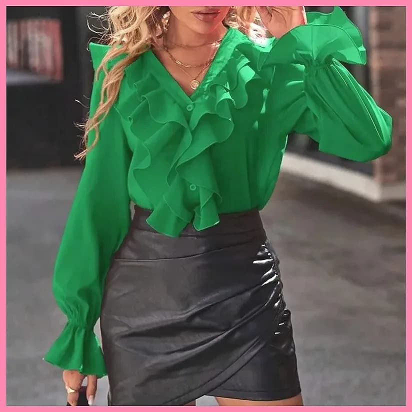 Elegant Women's Shirt with V-neck and Smurf Sleeves with Volant, Color Solid Color, Collection Autumn 2025 (Caratteries: 78)