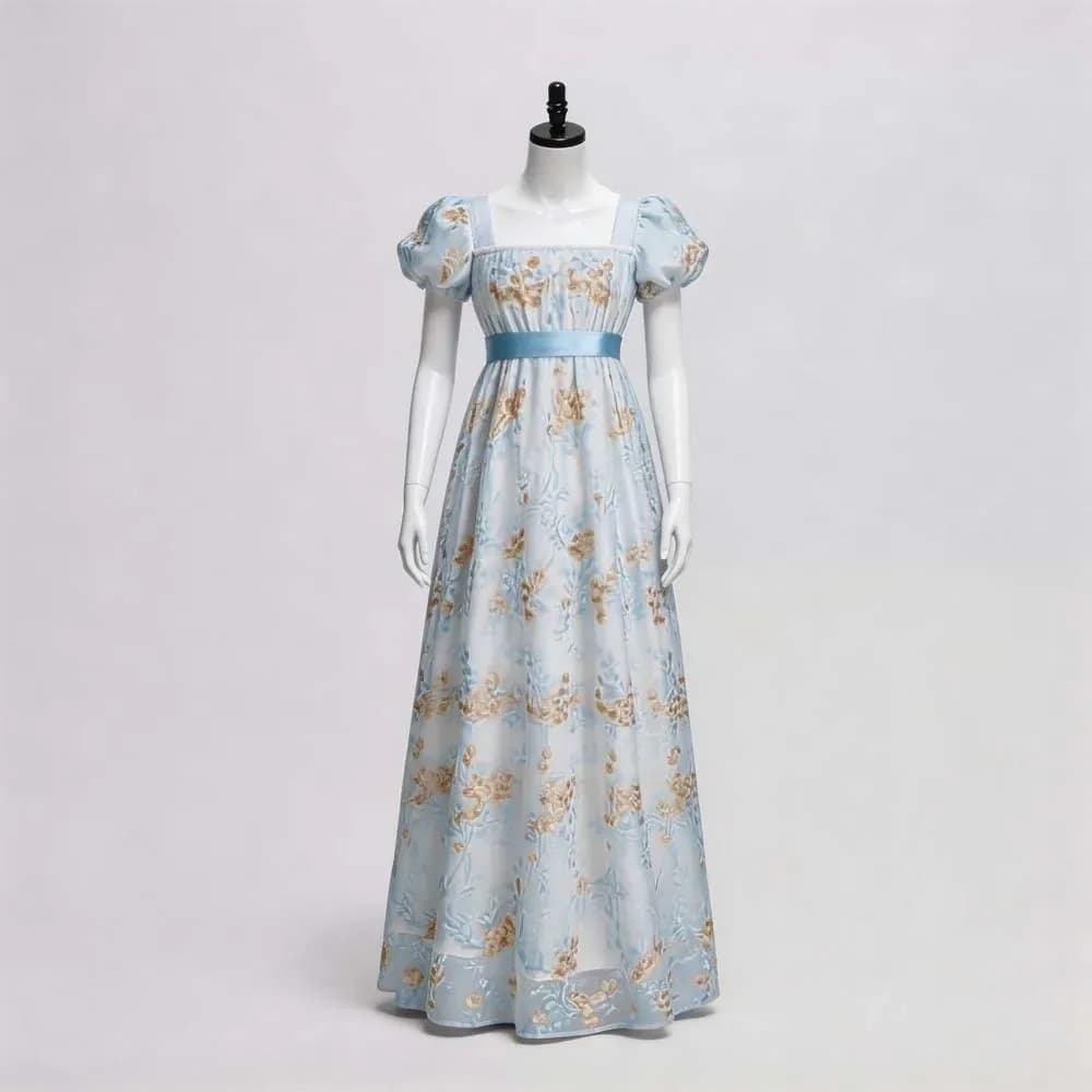European Vintage Regency Tea Dress Square Neck Puff Short Sleeve Floral Embossed Long Imperial Cosplay Gown With Waist Belt