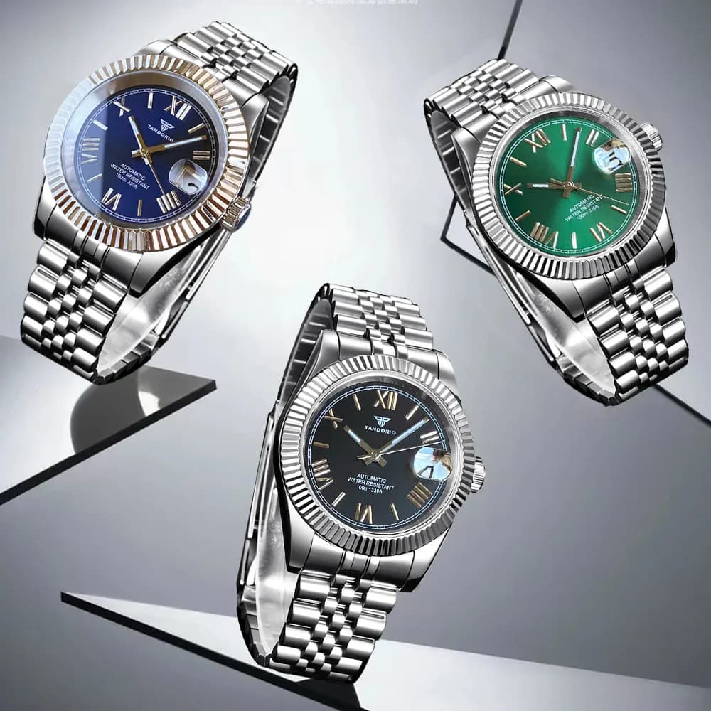 Tandorio Day Date Curved Braided Automatic Watch Men Japan NH35A Sapphire Crystal Roman Number Sunburst Dial 100m Waterproof