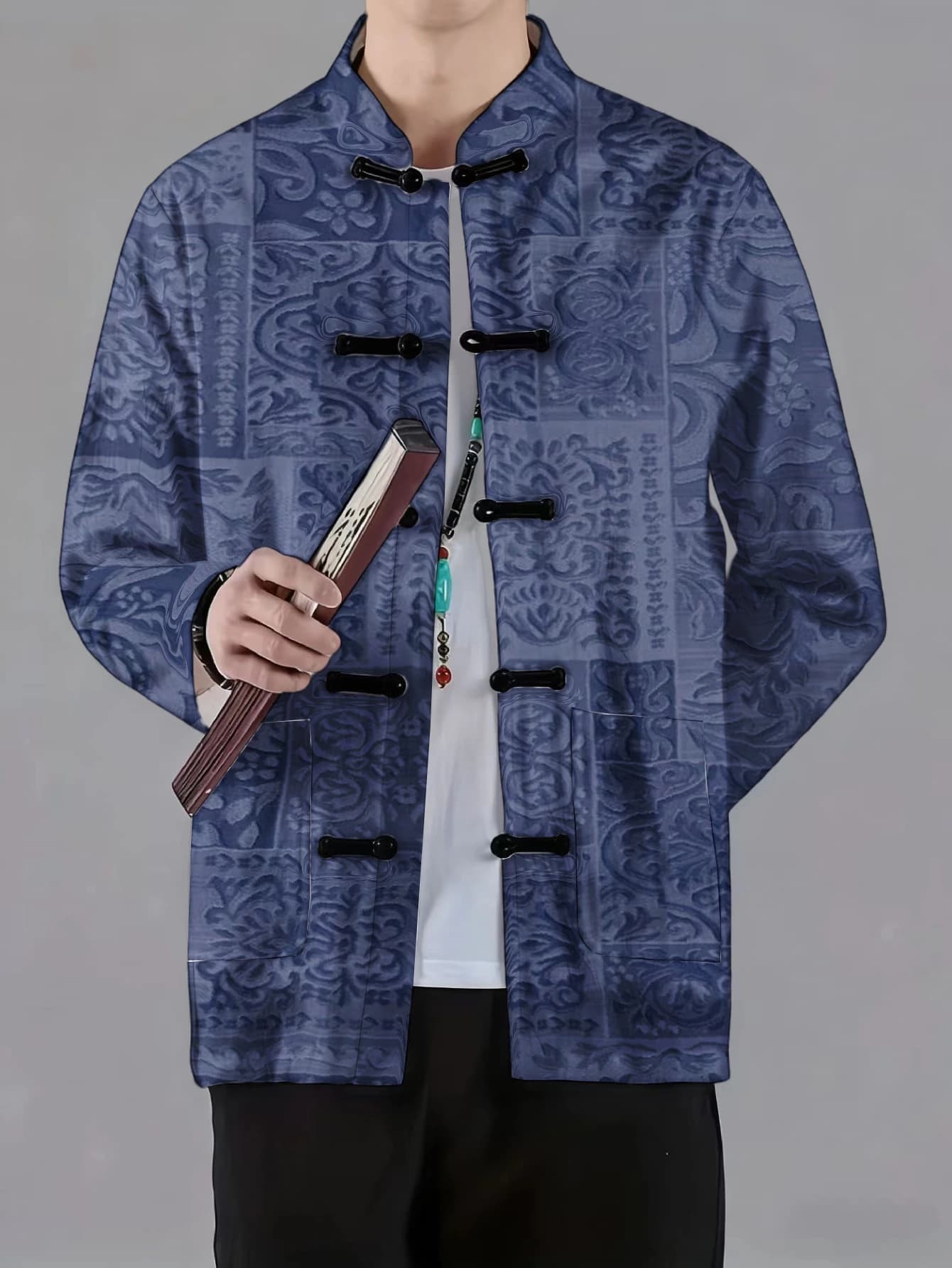 Men Mandarin Collar Frog Button Jacket Dragon Beast Floral Totem Ink Art Print Traditional Outerwear