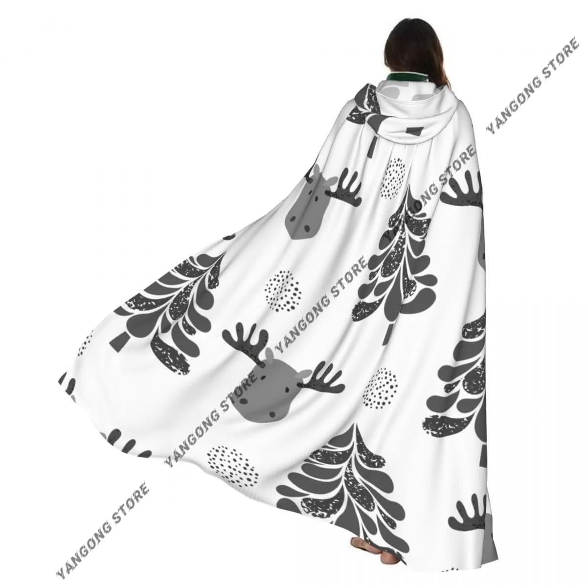 Winter Tree And Moose Cloak Hooded Cosplay Costume Halloween Adult Long Party Cape
