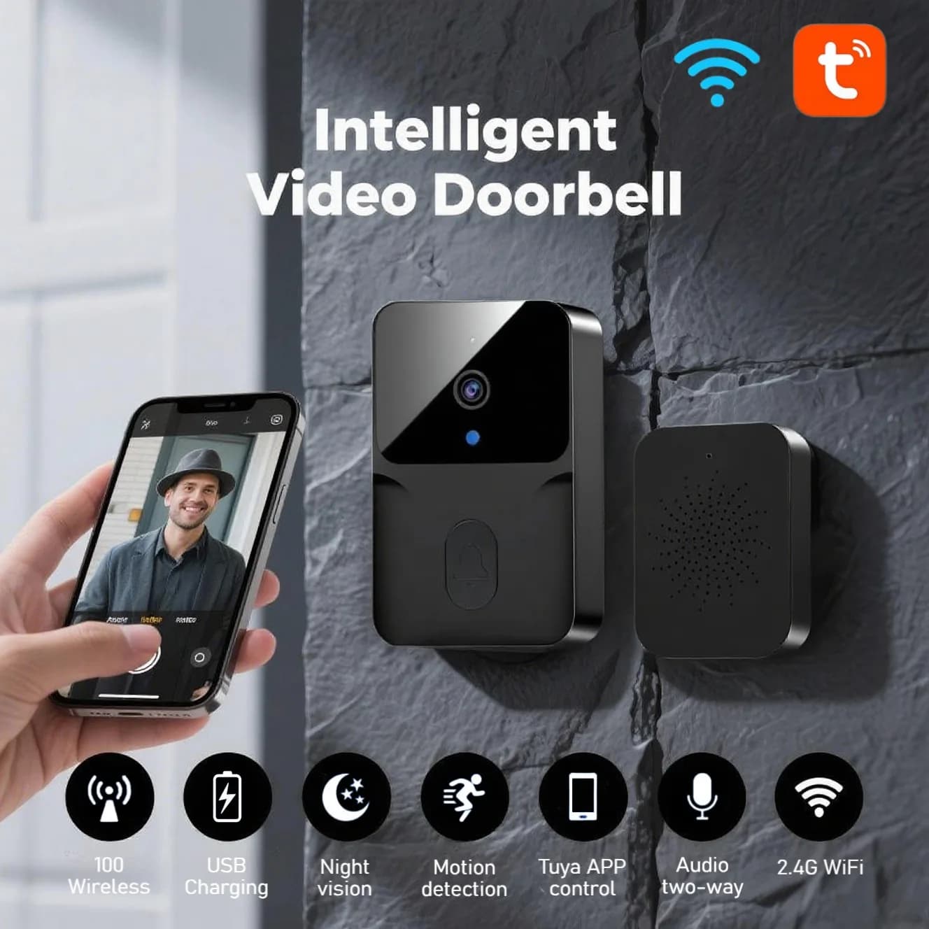 Tuya Smart WiFi Video Campanello senza fili Visione notturna Allarme audio bidirezionale Notifica Push Batteria ricaricabile all'interno
