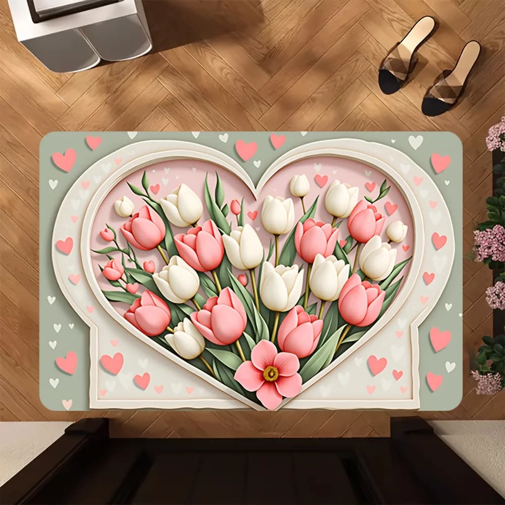 Tappetino Monofacciale con Motivo Romantico a Cuore e Tulipani, Antiscivolo in Flanella, Tappeto Decorativo per Casa, Morbido Tappetino d'Ingresso, Tappetino Artistico