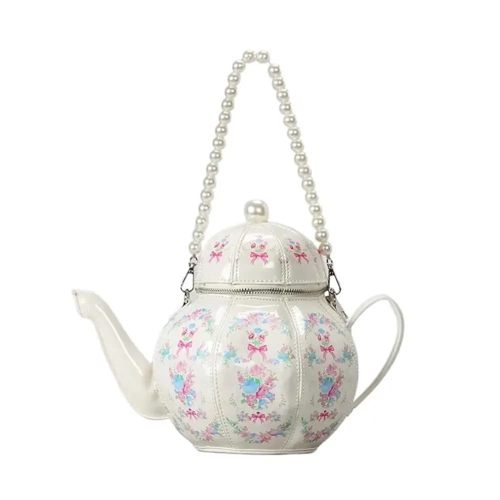 New PU Leather Teapot Design Handbags Personality Pearl Chains Buckets Bag Luxury Creative Purse for Girls for Women