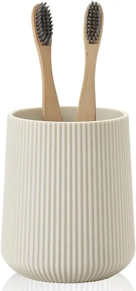 Beige Striped Toothbrush Holder for Electric Toothbrushes Bathroom Organizer Cup for Toothpaste Kids & Adults