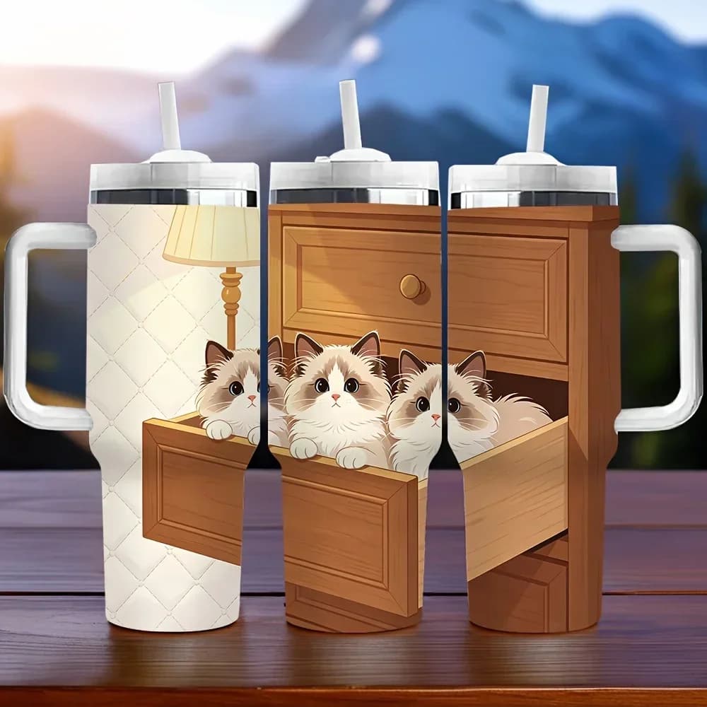 40Oz Insulated Tumbler with Handle, Cute Ragdoll Cats Peeking from Drawer Print, Perfect Holiday Birthday Gift for Cat Lovers, Long-Lasting Heat Preservation for Daily And Outdoor Use