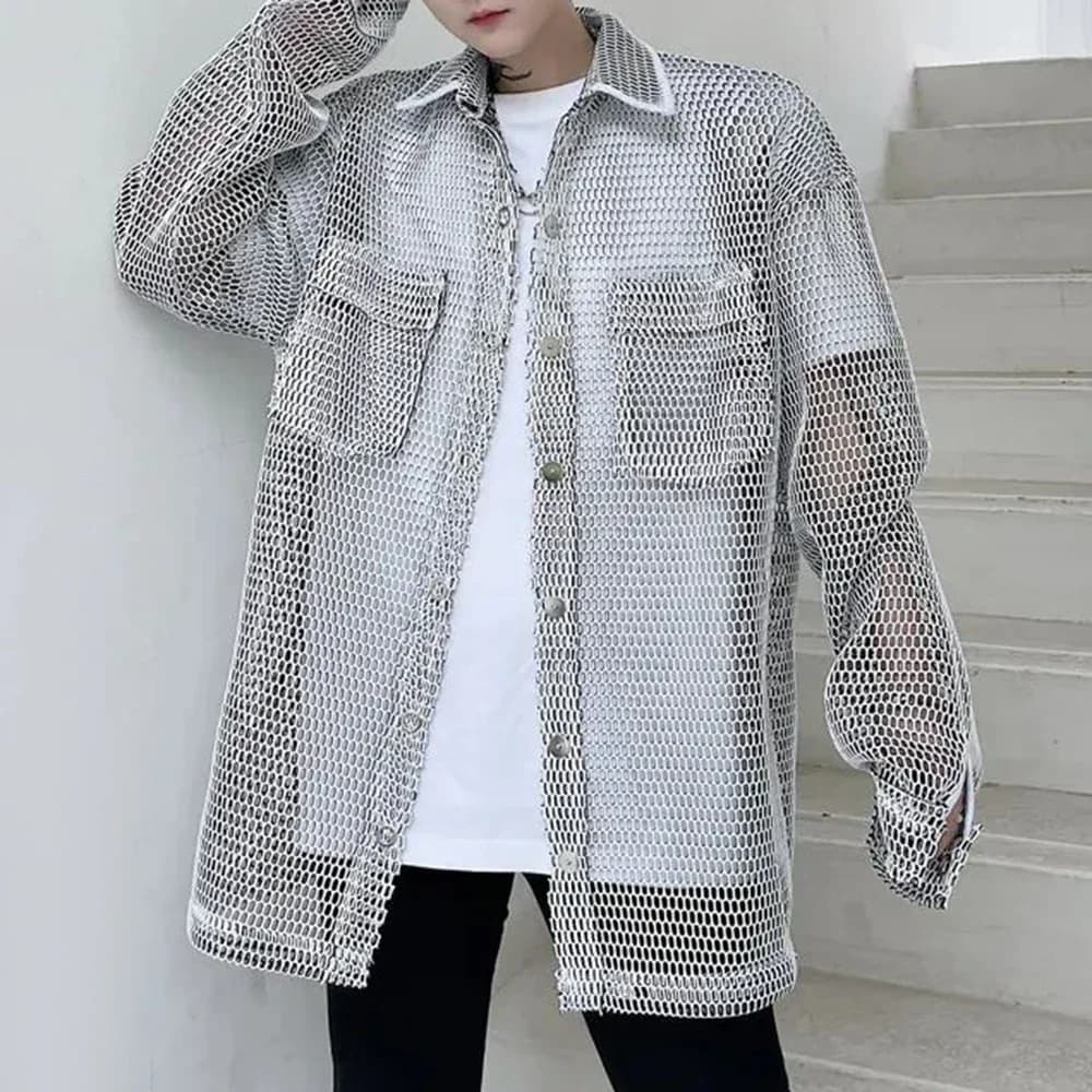 Casual Y2k Mesh Long Sleeve T Shirt Men"s 2024 Spring New Fashion Individuality Versatile Streetwear Retro Shirt Unisex