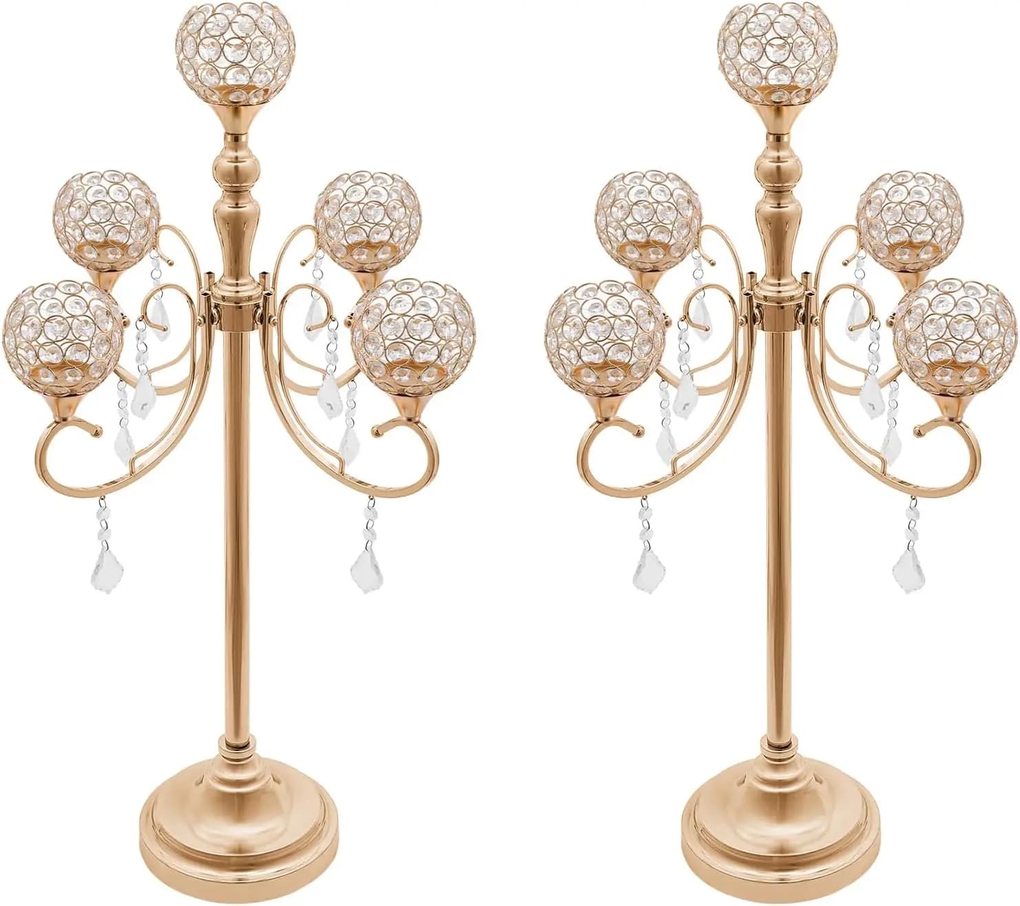 Pack of 2 centerpiece for 5 arms candle holders for tables Candle holder in golden crystal Candle holder 33,8 inch Candle holder