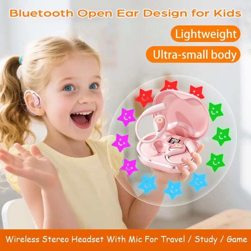 Auricolare Bluetooth per bambini con orecchio aperto 5.4 Cuffie wireless per musica stereo Microfono Auricolari con controllo touch per viaggi di giochi di studio