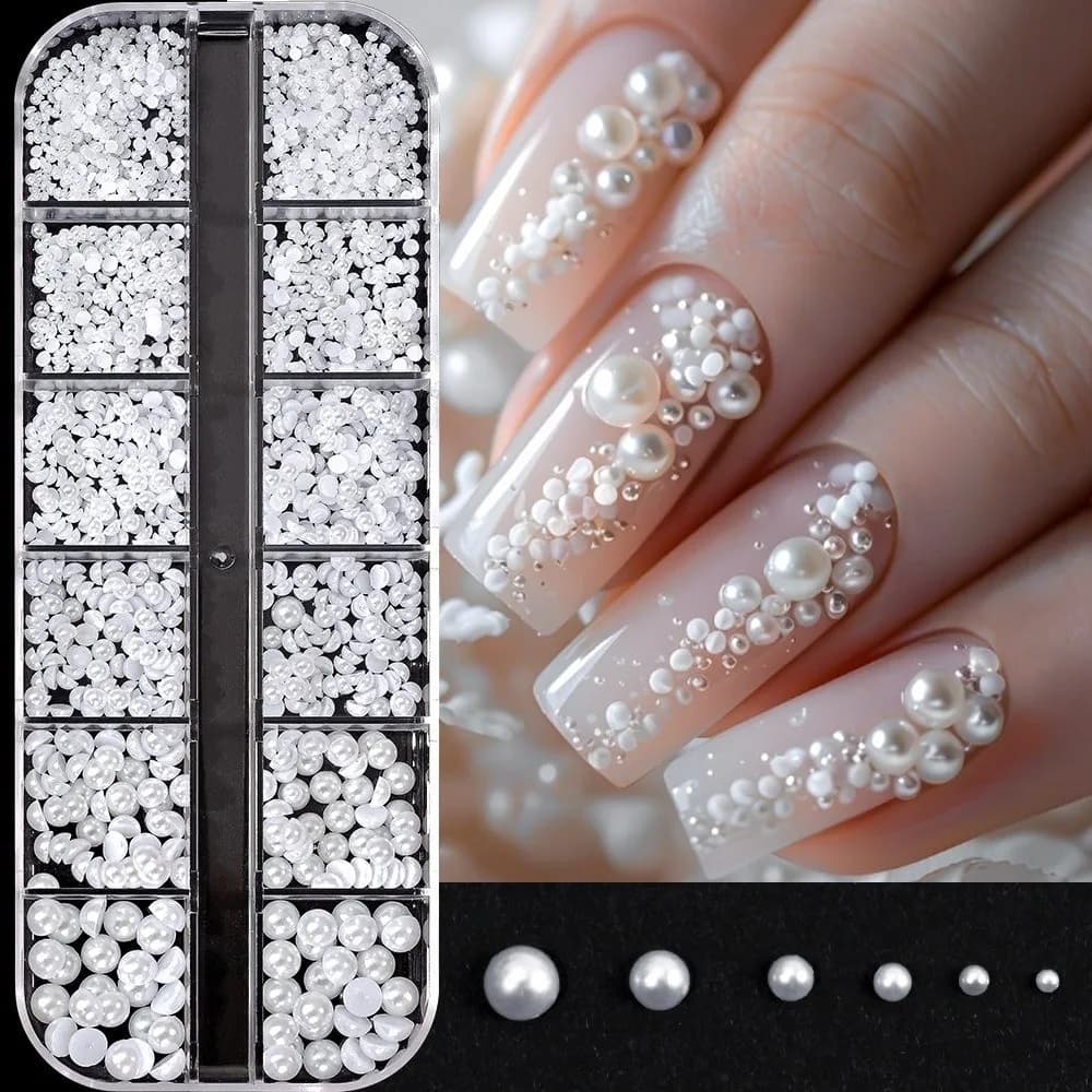 Strass 3D per Unghie, Perle Verdi e Rosse Natalizie, Perle di Diverse Dimensioni, Strass Colorati Perlescenti per Nail Art