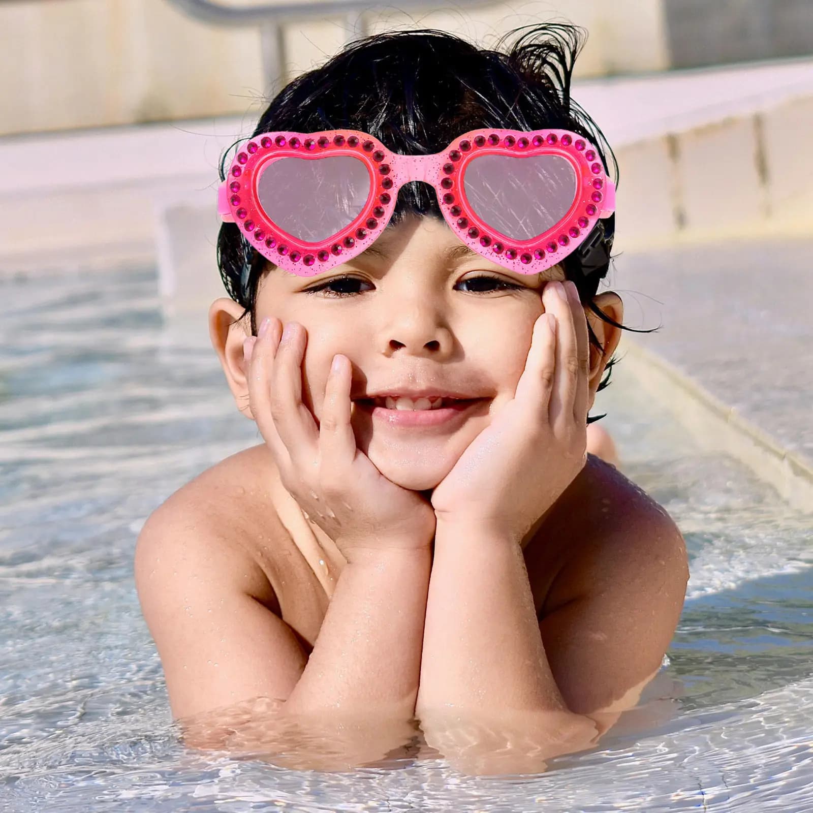 Occhialini da Nuoto a Forma di Cuore con Strass, Lenti HD Antiappannamento, Cinturino Regolabile in Silicone, Impermeabili