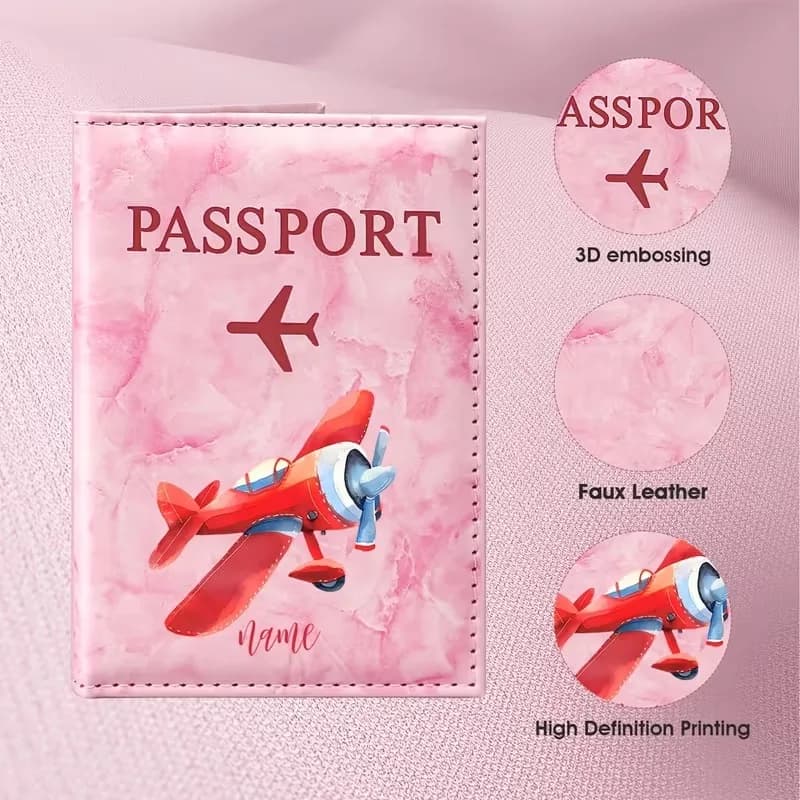 Personalized Name Red Airplane Illustration Design PU Passport Holder, Featuring a Vintage Cartoon Airplane And English Name
