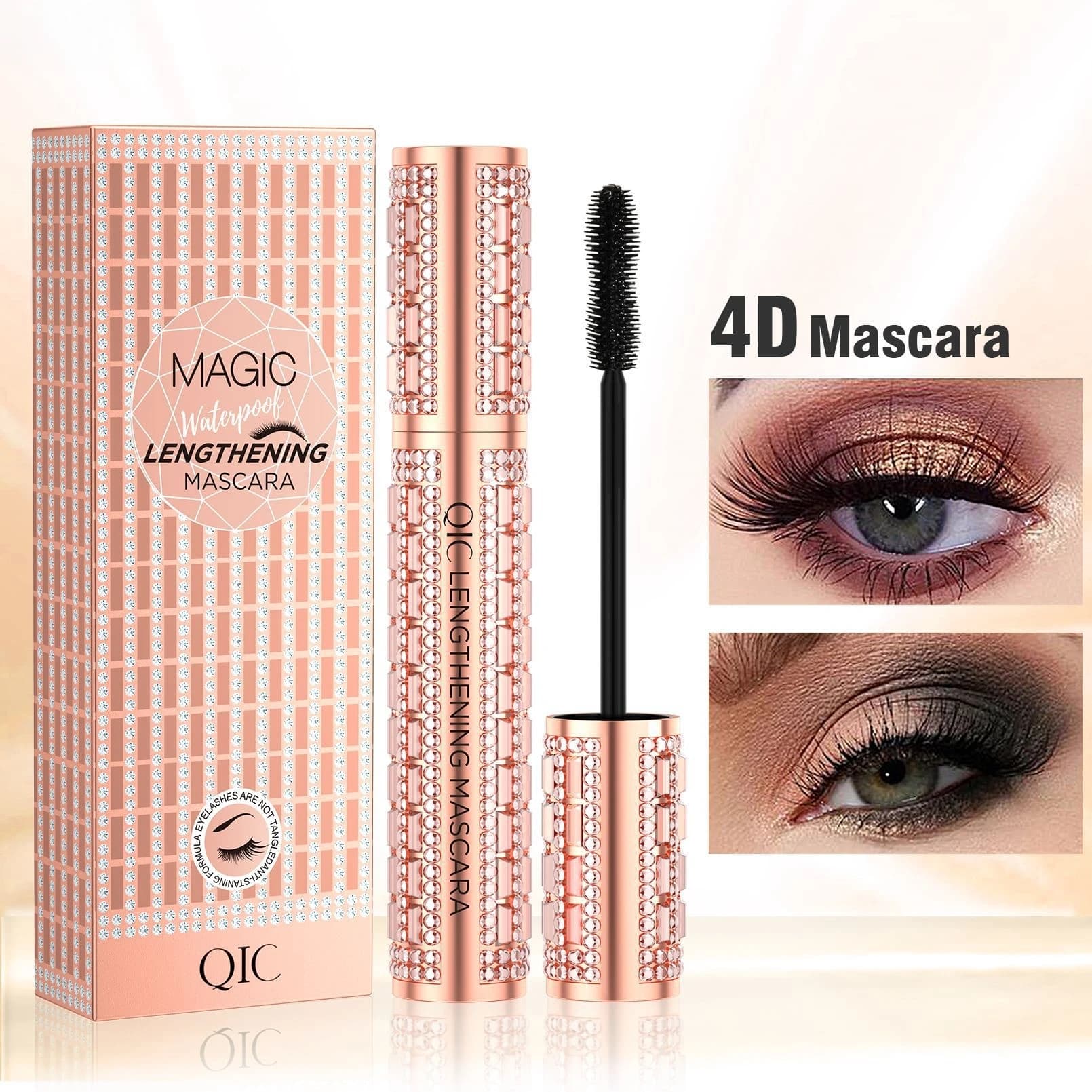 Curled Eyelashes with Diamond Accents, Black Color, Non-Smudging, Lengthening and Volumizing, Makeup Peanut Head Mascara