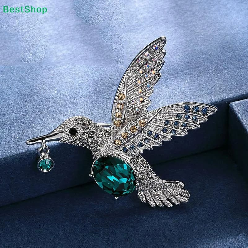 ♥Sparkling Rhinestone Hummingbird Brooch with Large Gemstone Center, Elegant Animal Pin for Dresses, Jackets, Scarves