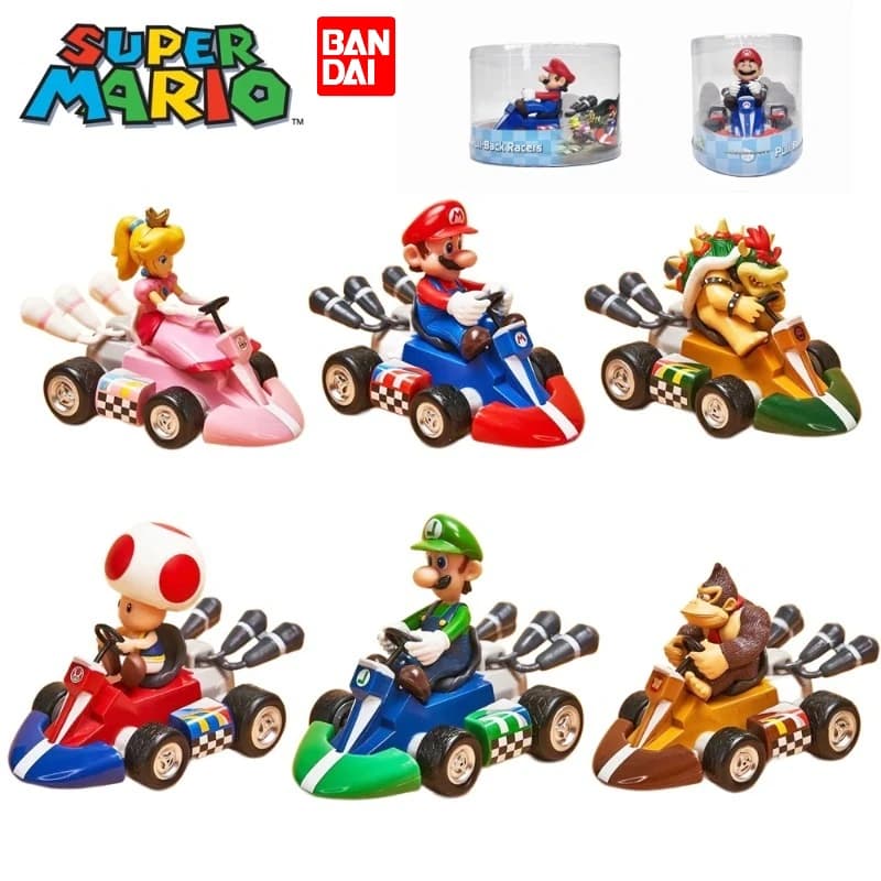 Super Mario Bros Karting Luigi Bowser Principessa Peach Yoshi Toad Action Figure Giocattoli Auto a Retrocarica Anime Game Doll Regali per Bambini