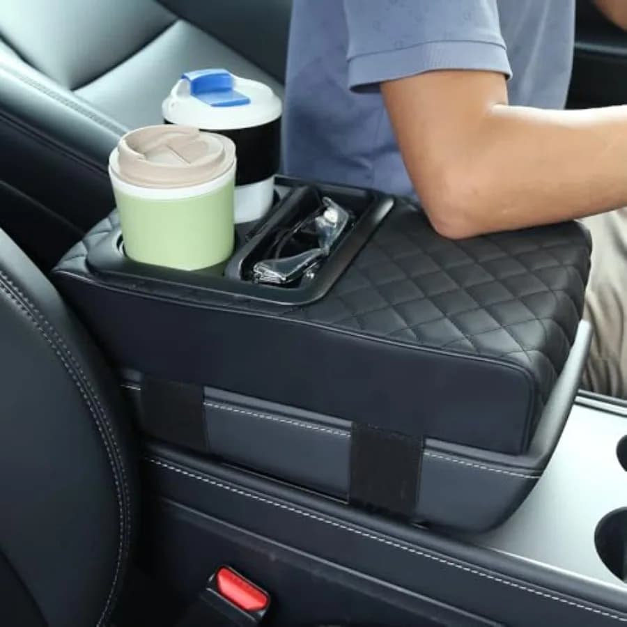 - Multifunctional Faux Leather Armrest Cushion with Cup Holder, Phone Storage, and Ergonomic Design for All Seasons BLack