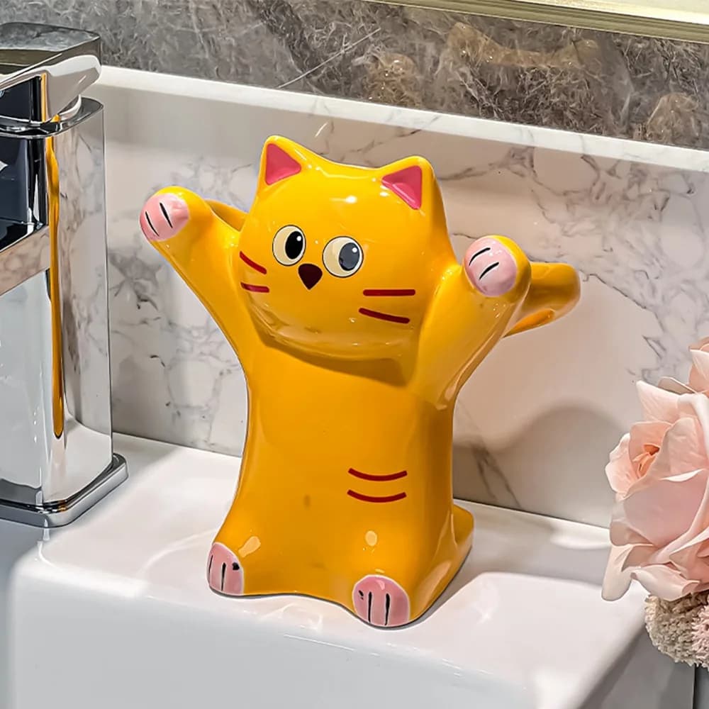 Ceramic Cat Toothbrush Holder Cartoon Animal Anti-Slip Base Toothpaste Storage Shelf Whimsical Aesthetic Toothbrush Storage Rack