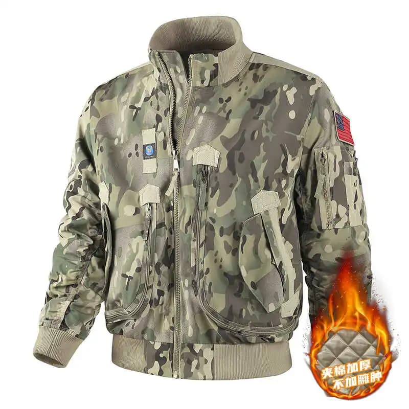 Thickened Cotton Jacket for Men Camouflage Loose Fit Outdoor Winter Warm Windproof Stand Collar Workwear Jacket Zipper Closure