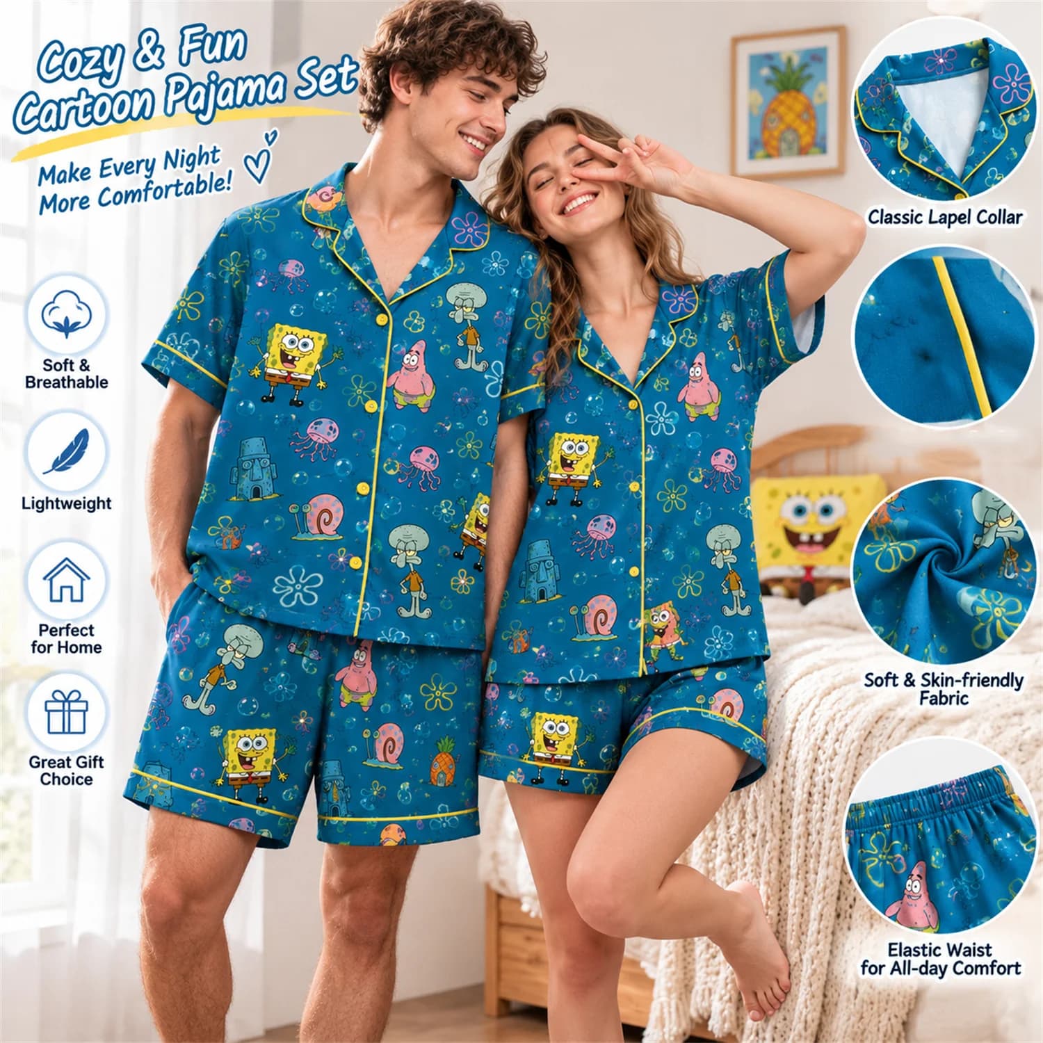 Unisex Blue Pajama Set Cute Cartoon Ocean Print Short Sleeve Button Shirt Shorts Sleepwear All Season Lounge Nightwear
