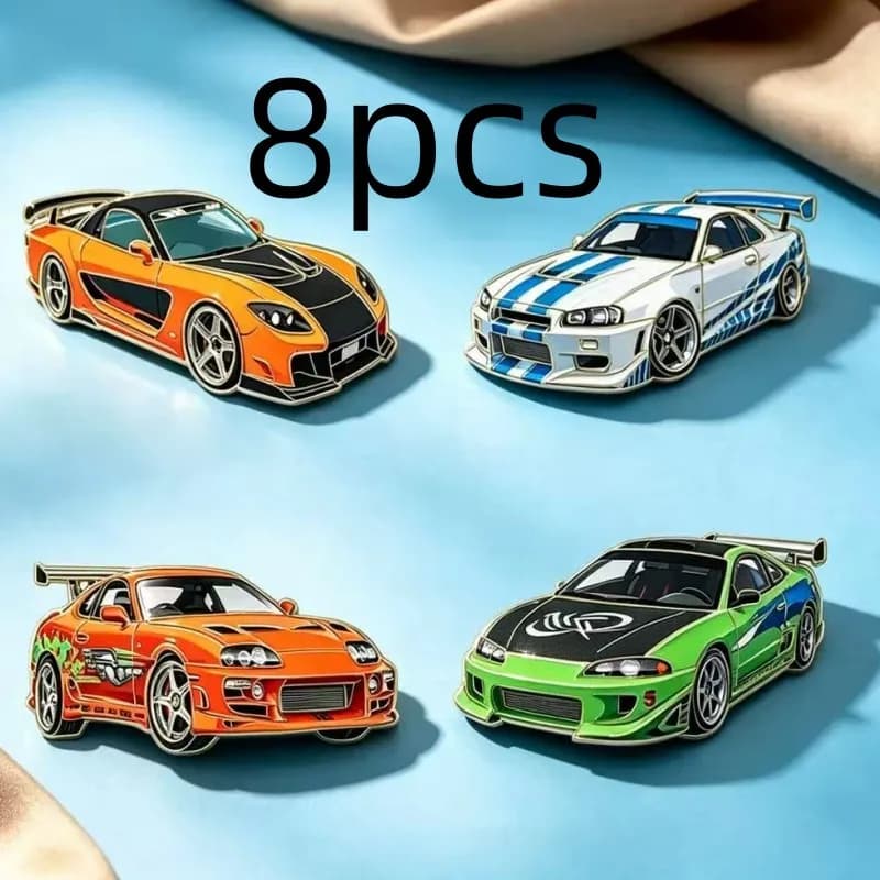 Set di 8 Spille Smaltate Creative a Forma di Auto Sportiva, Spilla da Bavero a Cartone Animato per Zaino, Abbigliamento, Accessorio di Moda