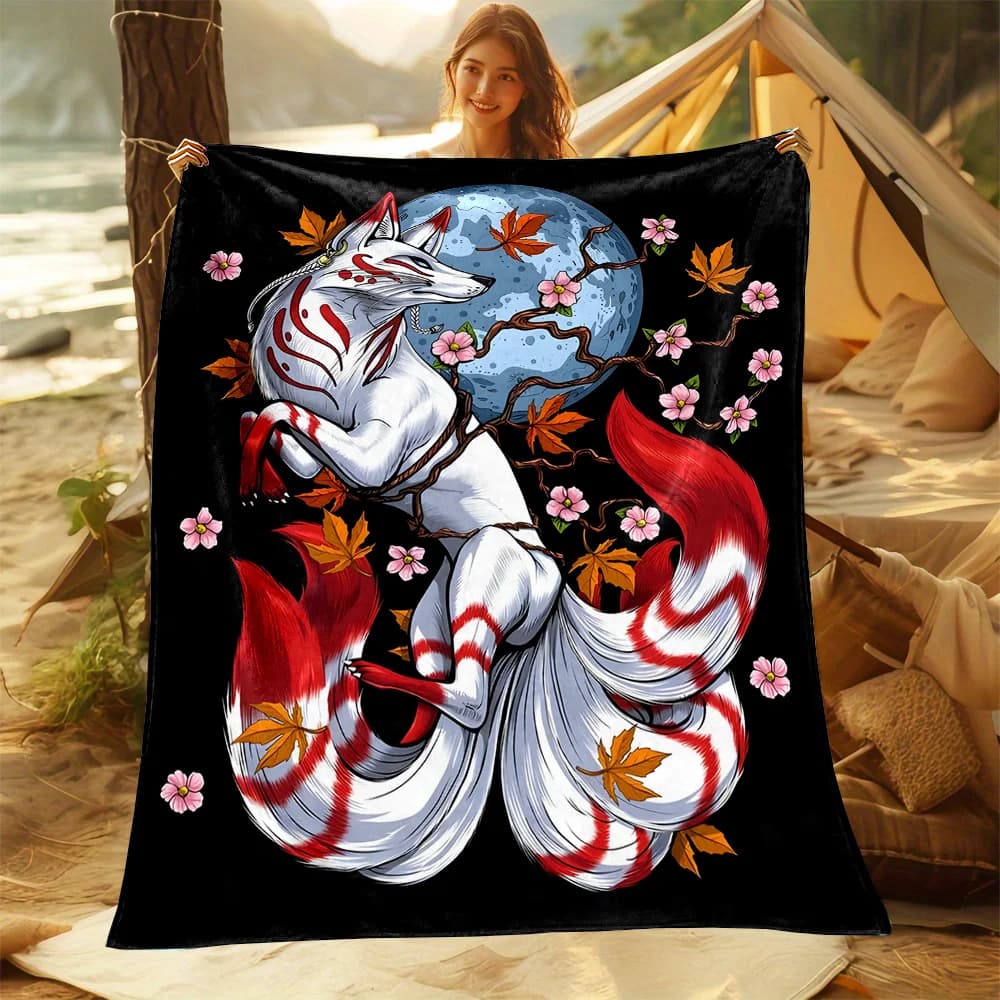 Coperta in flanella contemporanea - Stampa ispirata al Giappone con volpe e sakura, poliestere, non tessuto, stampa digitale, reversibile