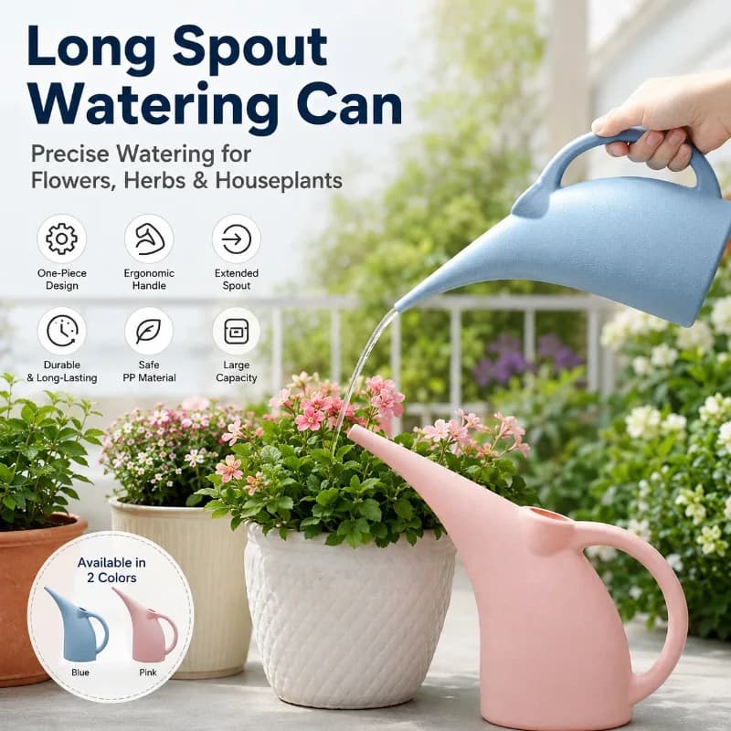 Long Spout Plastic Watering Can for Indoor Plants, Flowers & Succulents, Lightweight Garden Water Pot with Ergonomic Handle