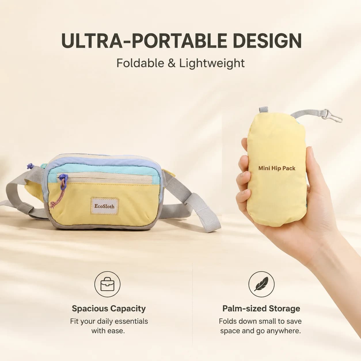 Nylon Water-resistant foldable waist pack, outdoor sports and leisure waist pack, color-blocked dopamine running waist pack