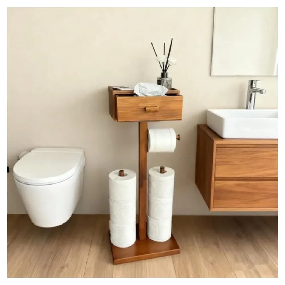 Portarotolo da Bagno con Ripiano, Portarotolo in Legno con Cassetto Porta Salviette Umidificate, Marrone, 2 Aste, Contiene 6 Rotoli