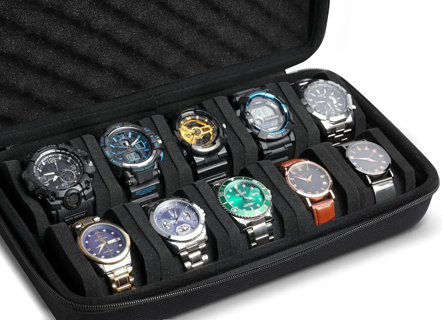 Scatola portaorologi a 10 scomparti con cuscino morbido, custodia rigida da viaggio per orologi con quadrante fino a 60 mm, organizer per esposizione